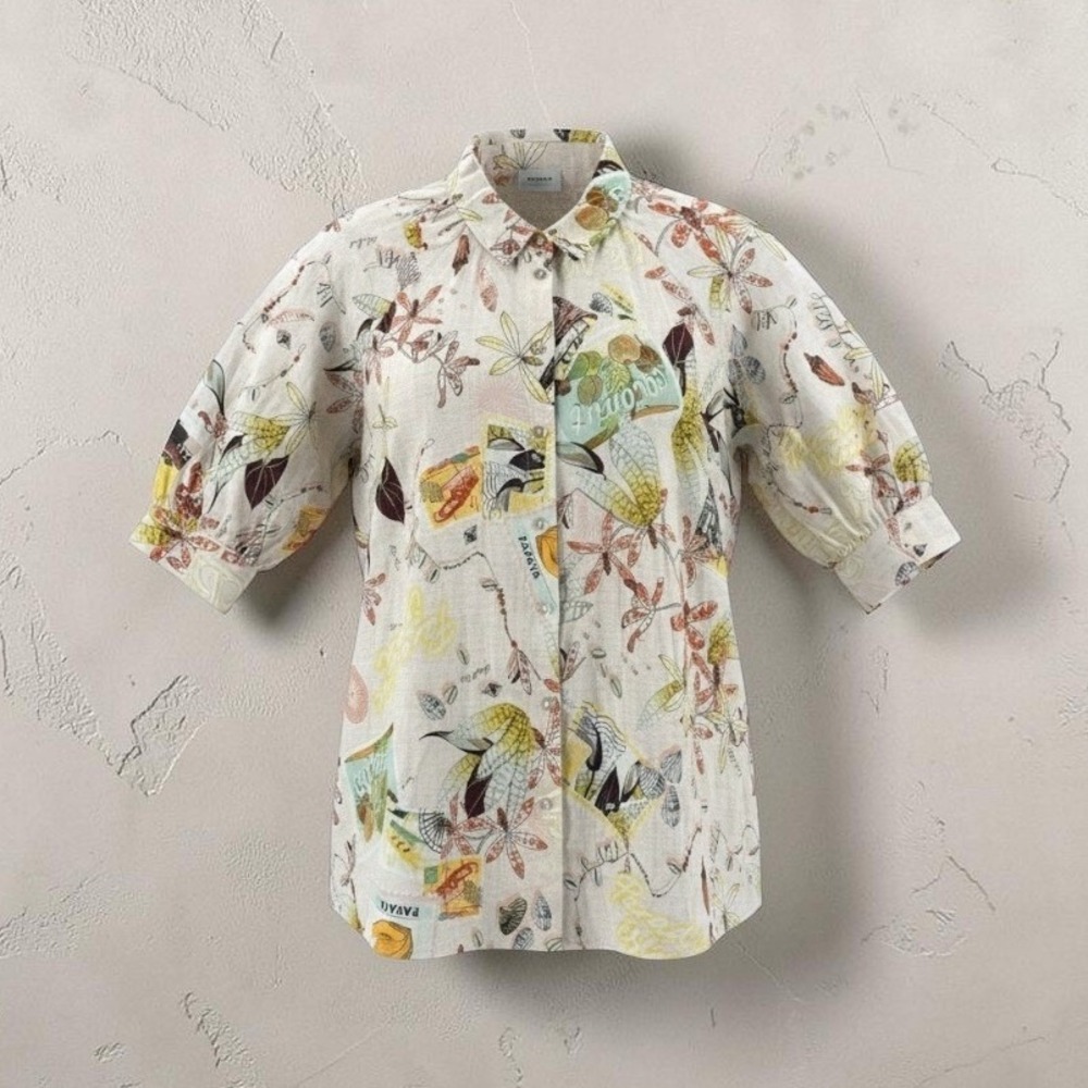 Sussan Button Down Shirt 14 Linen Summer Postcard Puff Sleeve Coastal Grandma